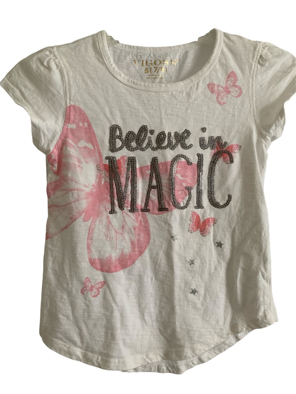 Vigoss White and Pink Believe in Magic butterfly short sleeve Tee small 7 8
